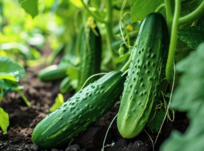 Ripe green cucumbers grow among broad, serrated leaves in the garden.