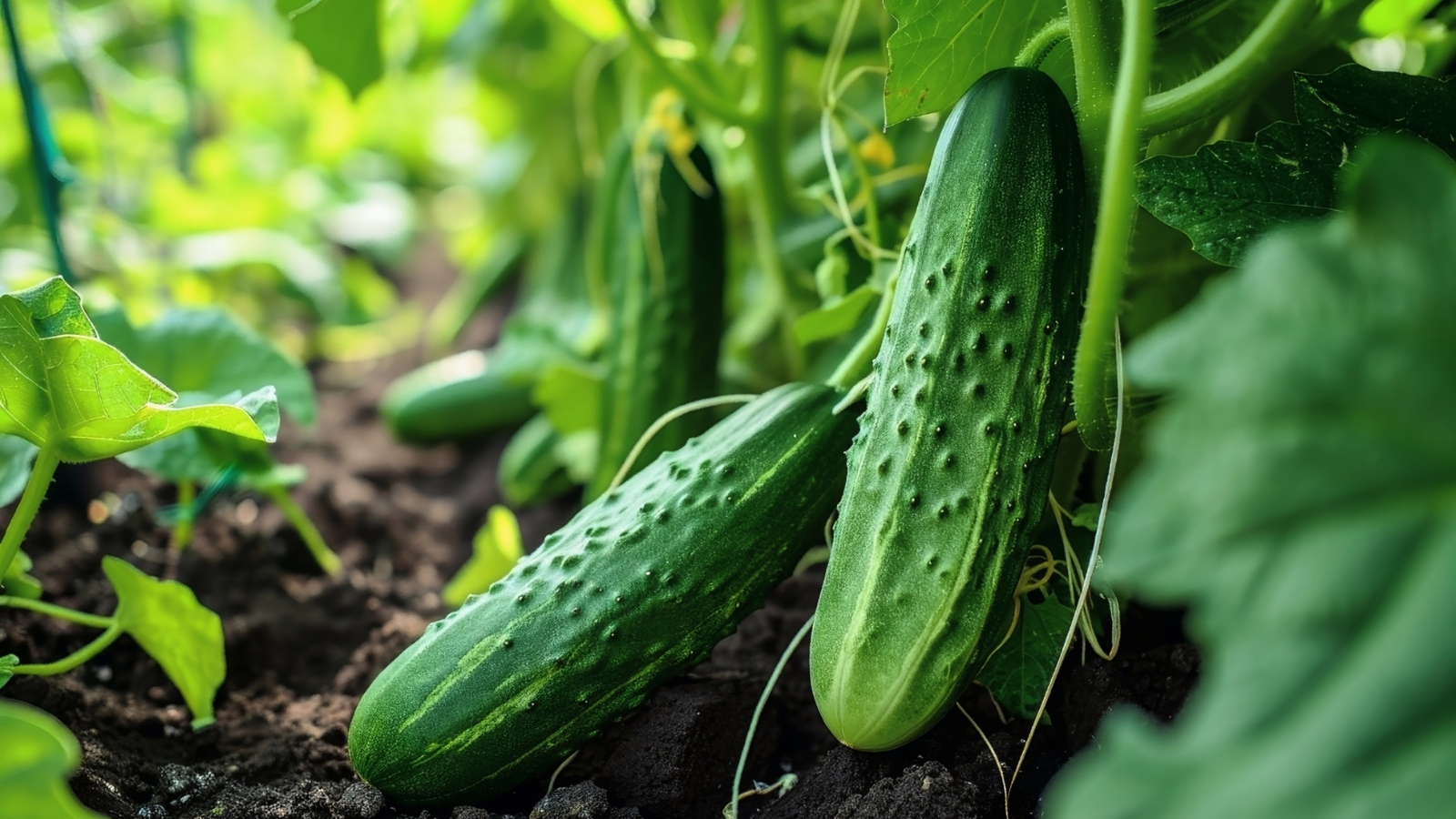 Ripe green cucumbers grow among broad, serrated leaves in the garden.