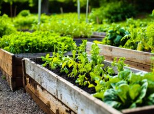 Raised garden beds with various vegetables and greens growing.