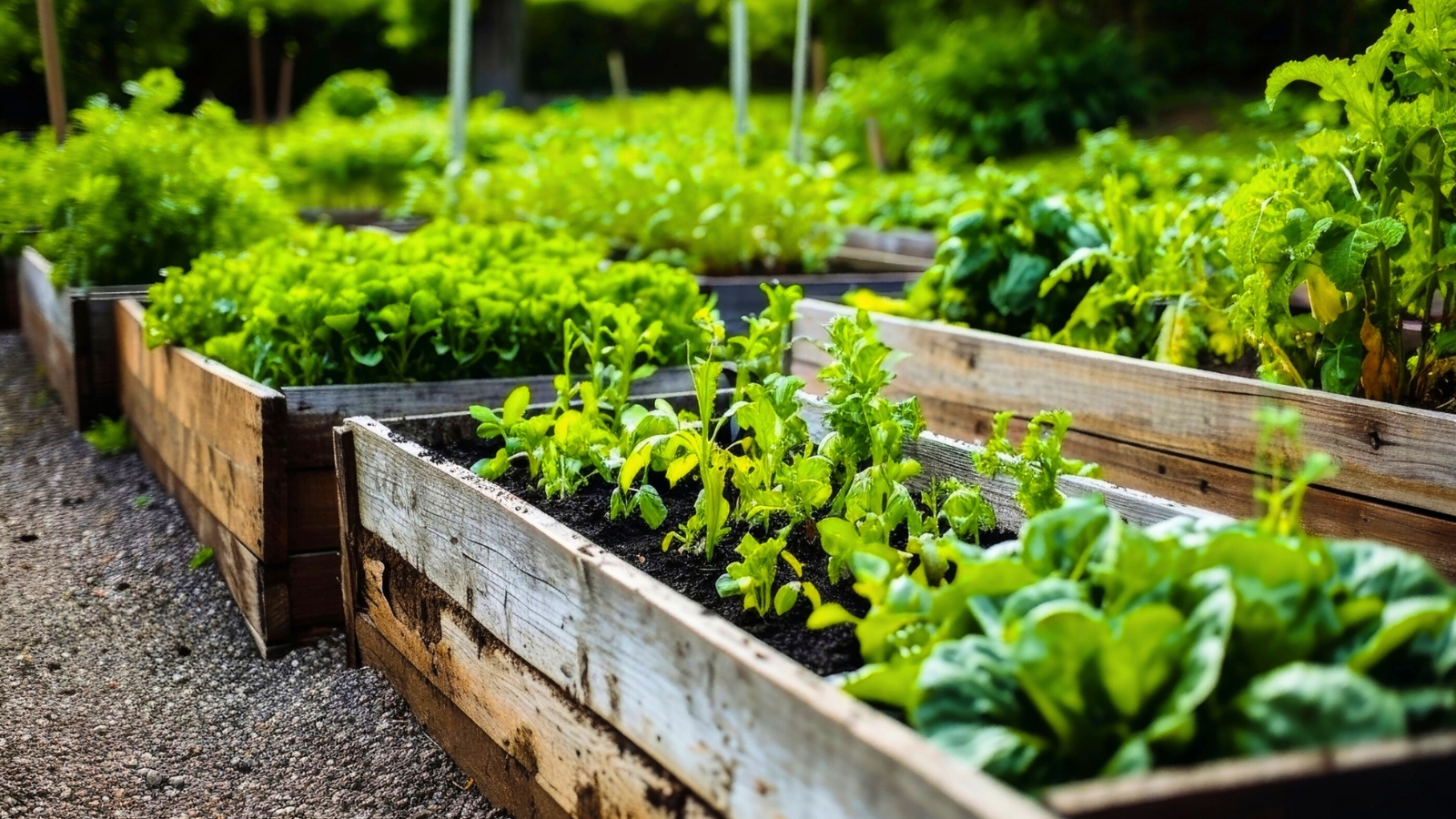 Raised garden beds with various vegetables and greens growing.