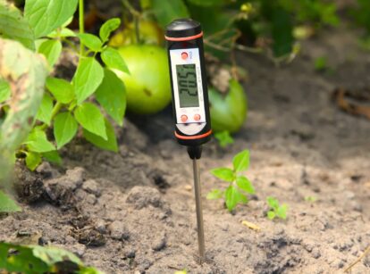 A close-up of a thermometer stuck into dark brown soil measuring the temperature for successful seed germination.