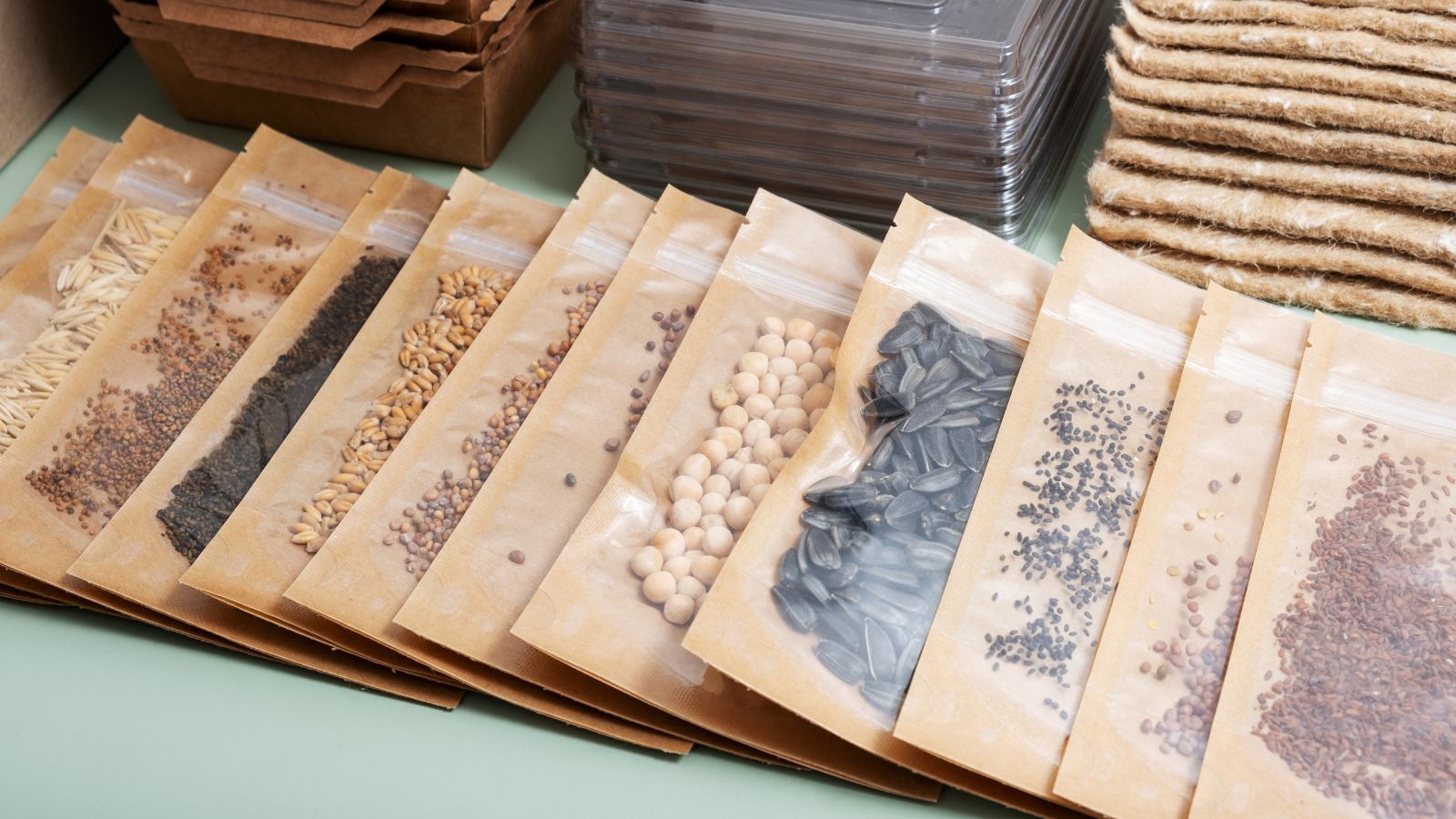 A shot of multiple packets of plant germs and other plating materials in the background that is placed on top of a blue-green surface in a well lit area.