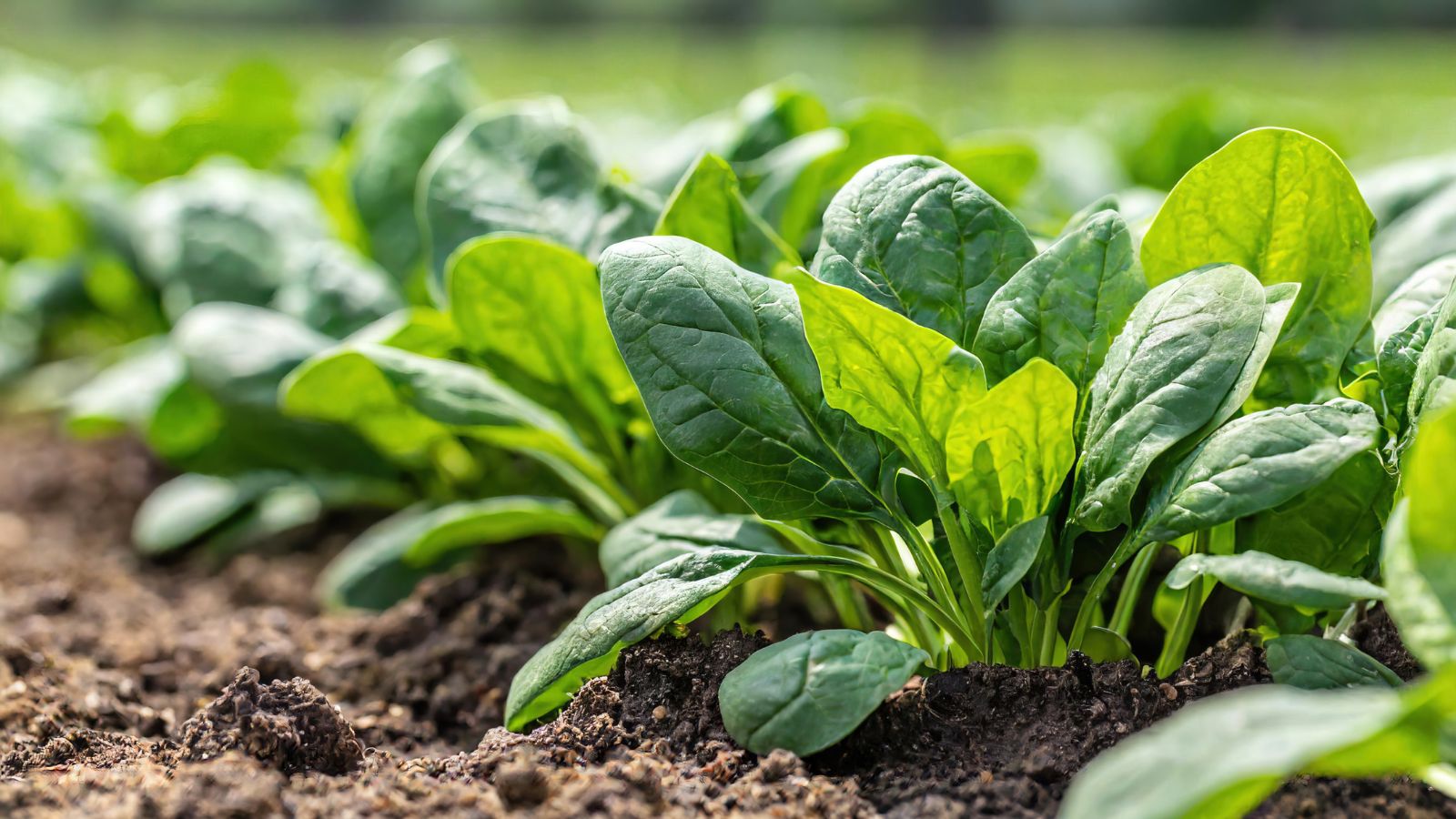 A shot of several rows of Lavewa Spinach showcasing its lush healthy broad leaves placed in healthy brown soil along with the same crop in the background, all situated in a bright sunny area outdors