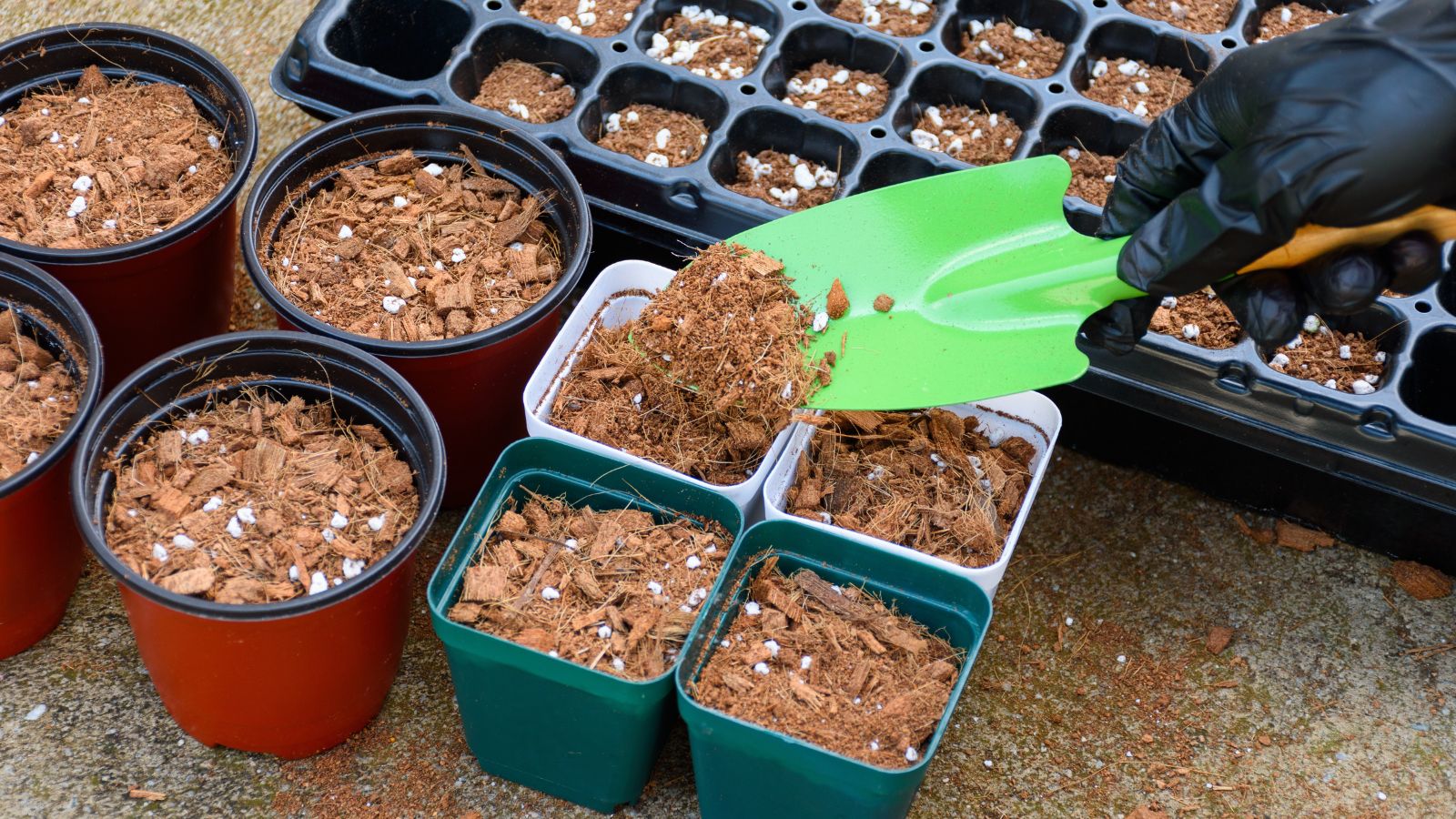 A shot of a person wearing black gloves in the process of filling up germination trays with potting mix using a small shovel in a well lit area