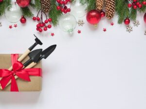 A shot of garden tools on top of a gift box alongside yuletide decorations that shows holiday seed gifts