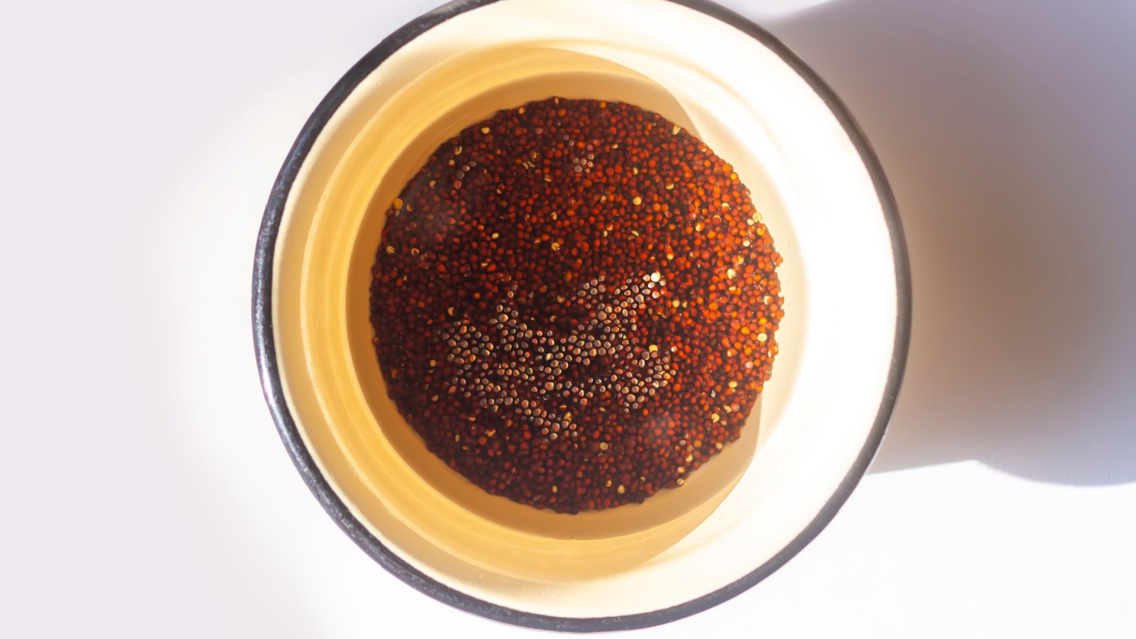 a bowl of dark seeds soaks in water. 