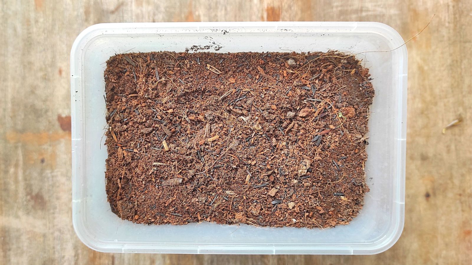 An overhead shot of a container filed with soil mix all placed on top of a wooden surface in a well lit area